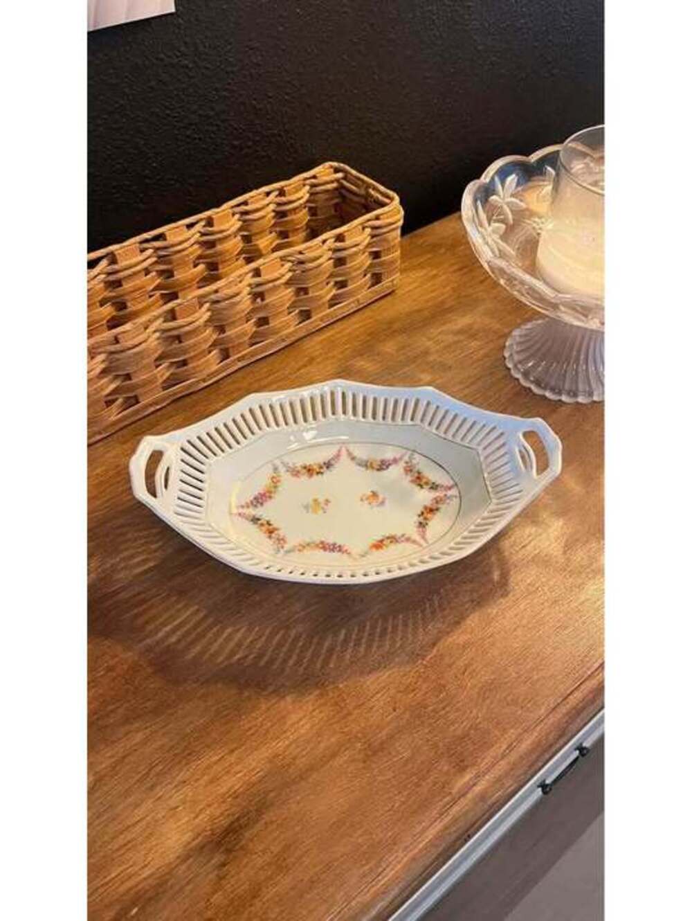 Vintage Schumann Bavaria Porcelain Handled Bowl Floral Pierced Rim Germany